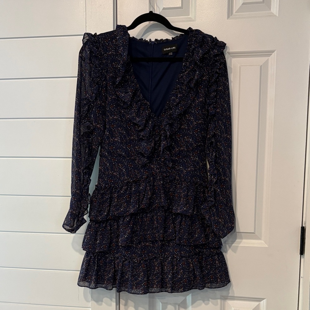 Sugarlips Navy Ruffle Long Sleeve Dress
